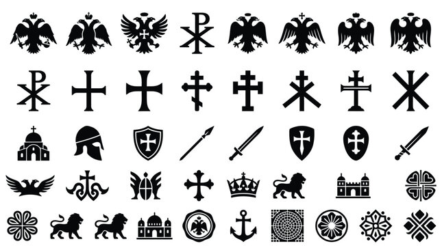 A collection of  various medieval symbols and crests on a white background including blok blck designs.