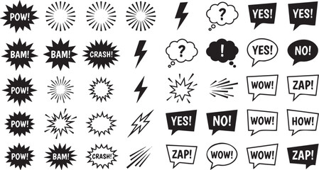 Collection of black and white comic book style vector graphic speech bubbles and explosion elements for dynamic design projects today © Monivara Creations
