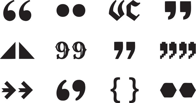 Diverse collection of black typographic quotation marks and various punctuation symbols presented as a clean vector graphic illustration for design