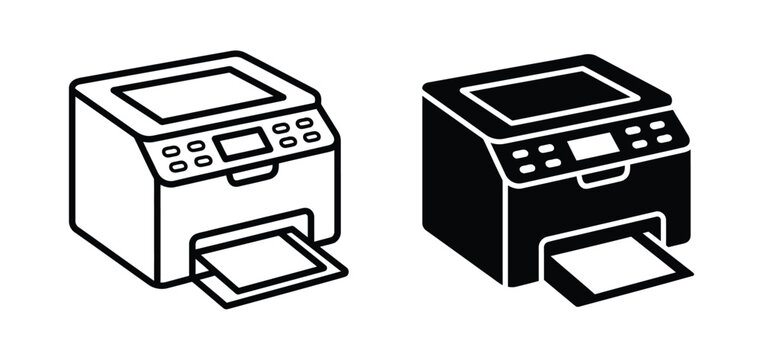Black and white printer icon set for office and home document printing