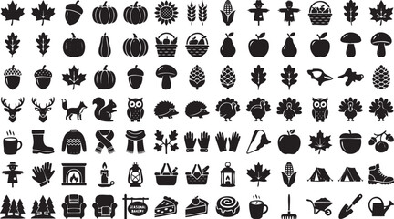 Autumn seasonal vector graphic collection featuring various black silhouette icons of fall foliage harvest animals and cozy domestic items set © Monivara Creations