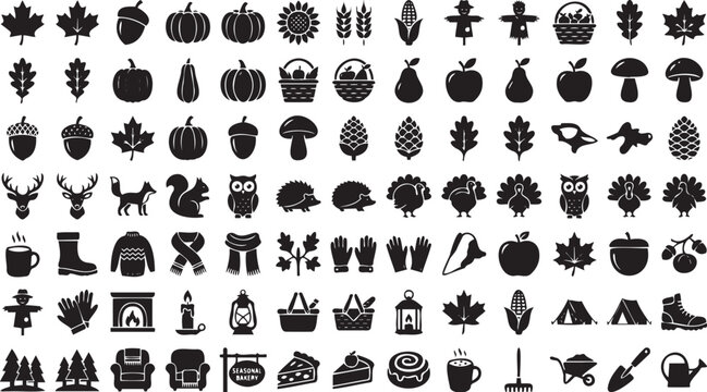 Autumn seasonal vector graphic collection featuring various black silhouette icons of fall foliage harvest animals and cozy domestic items set