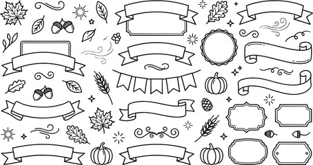 Autumn Ribbon Banner and Thanksgiving Label Doodle Outline Vector Icon Set with Pumpkins, Maple Leaves,  © Salina