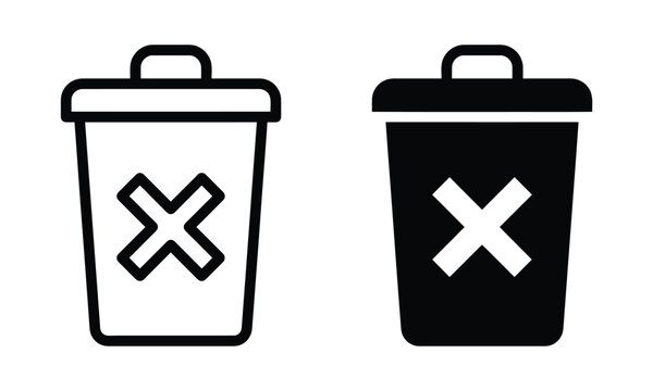 Black and white trash bin icons with cross mark symbols for delete or remove interface buttons