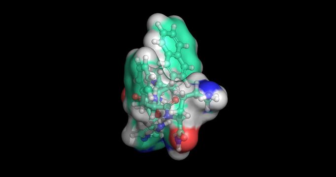 Ipamorelin, pentapeptide growth hormone, 3D molecule 4K spinning