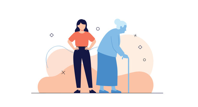 Young woman in casual clothing standing beside elderly woman using walking cane against abstract background shapes.