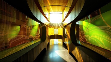 Fototapeta premium Abstract corridor features curved walls, vibrant colors, strong light source. Dramatic perspective creates tunnel effect. Modern design.