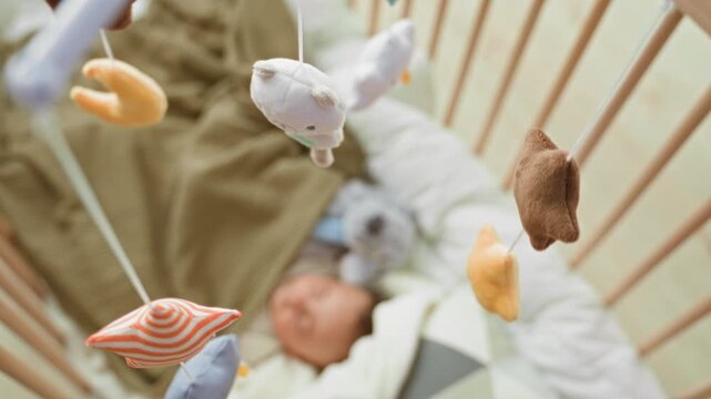 Hispanic baby swaddled sleeping in wooden crib beneath hanging plush mobile with stars and striped toys in nursery; serene comfort tenderness.