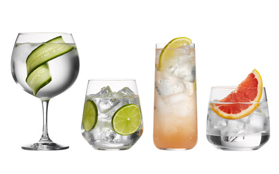 Four refreshing gin cocktails with png isolated background