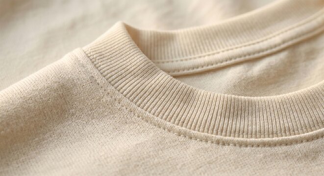 A close-up view of a cream-colored sweater's neckline and fabric texture