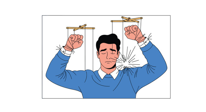 Man struggling to snap strings of a puppet control bar attached to his wrists shown with dynamic white lines.