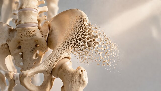 3d illustration of human pelvic bone showing osteoporosis bone loss