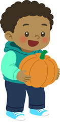 Fototapeta premium Boy hugging big pumpkin, autumn harvest cartoon character