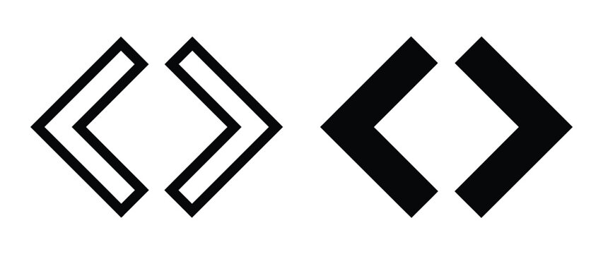 Black code brackets icon set with outline and solid styles for programming and software design