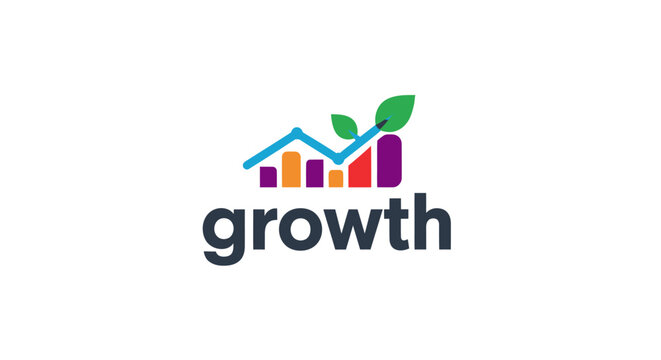 Business growth logo with colorful bar charts and green leaves