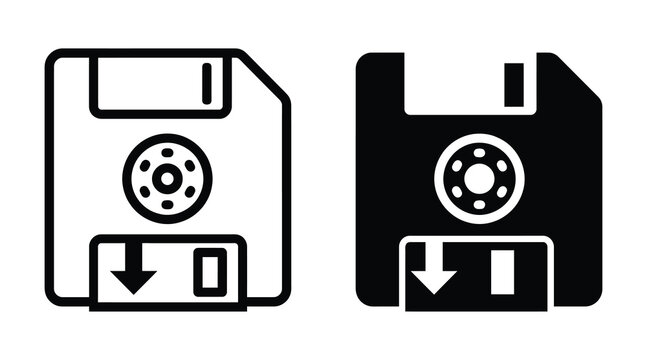 Two floppy disk icons with download arrow symbols for computer file storage and data saving
