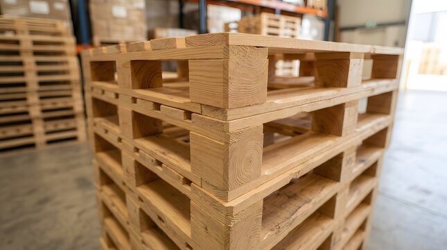 High stack of clean empty wooden pallets stored inside large distribution warehouse building close up