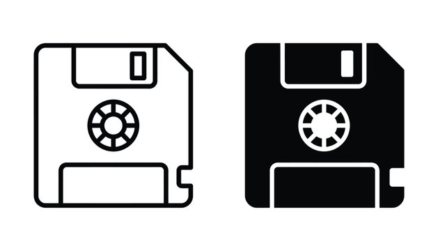 Set of two floppy disk icons with outline and solid black styles for computer data storage