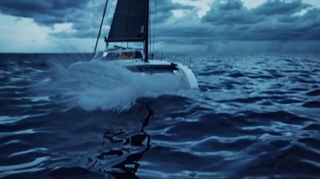 Cruising modern luxury catamaran yacht navigating open deep blue sea under heavy dark storm clouds, private vessel traveling ocean waves during global maritime voyage adventure freedom mood