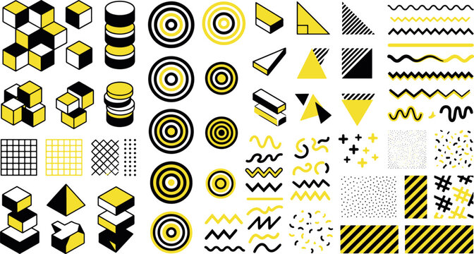 Abstract geometric memphis style elements collection featuring cubes spheres and patterns geometric abstract triangle illustration collection composition creative decorative