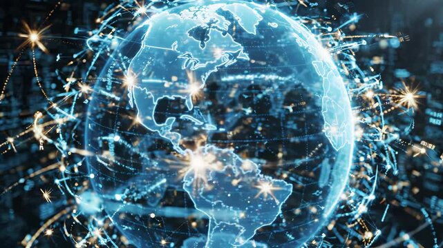Holographic Blue Earth with Global Data Network and Light Trails in Futuristic Cyber Space