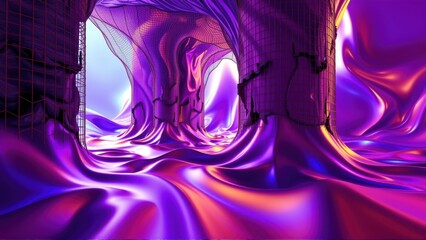 Fototapeta premium Abstract fluid shapes, vibrant purple hues, metallic texture. Tunnel perspective creates depth, futuristic design. Dramatic lighting, dark background.