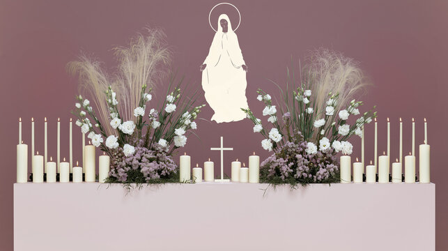 Christian Memorial Background with White Flowers, Lit Candles and Cross on Mauve Backdrop
