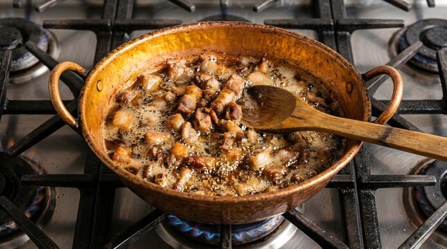 Cooking Chopped Meat Pieces in Traditional Copper Cazo Pan with Wooden Spoon on Gas Stove Burner