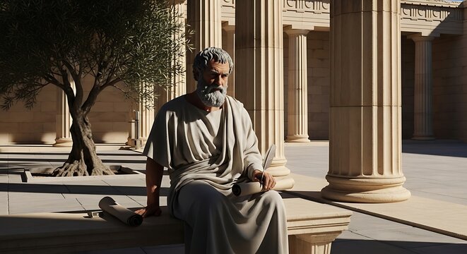 Ancient Greek philosopher sitting in a temple courtyard with an olive tree.