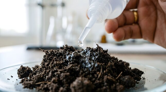 Hand squeezing clear liquid drop from plastic bottle onto organic dirt sample in science lab close up