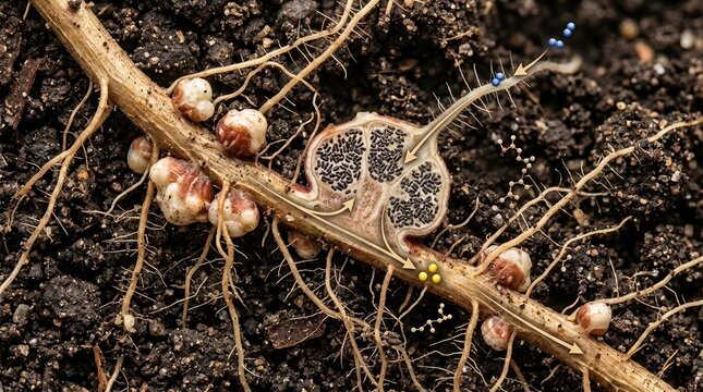 Macro cutaway of black locust roots in rich soil, showing root hairs, nodules, and rhizobial bacteria clustered around peptide molecules, with subtle nitrogen cycle arrows and mineral particles
