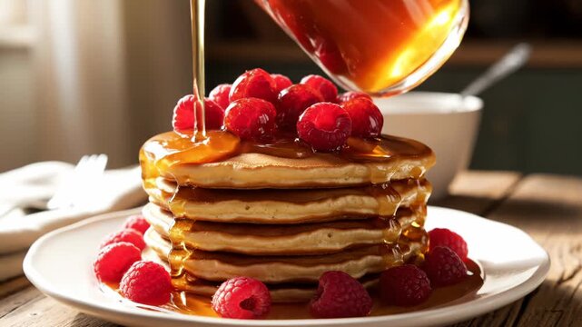 Golden pancake stack topped with fresh raspberries being drizzled with maple syrup from a glass pitcher on a white ceramic plate set on a rustic wooden table in soft morning light.