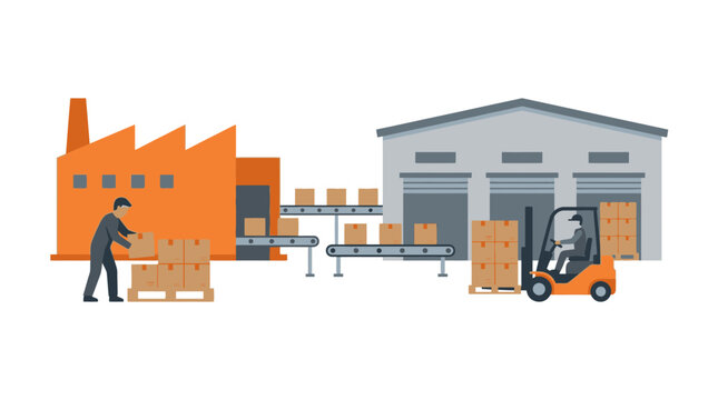 Industrial logistics and manufacturing illustration with factory warehouse and conveyor belt