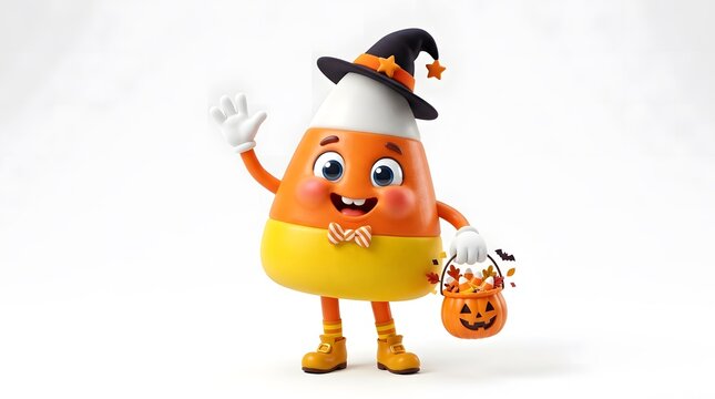 Halloween candy character in witch hat with trick or treat bucket