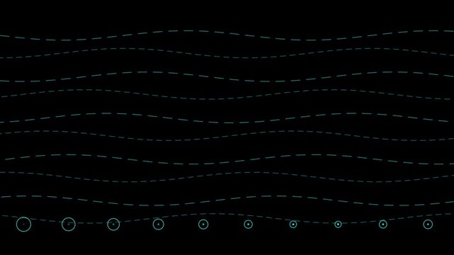 Abstract wavy dashed lines and circles motion background, digital data flow animation 4k