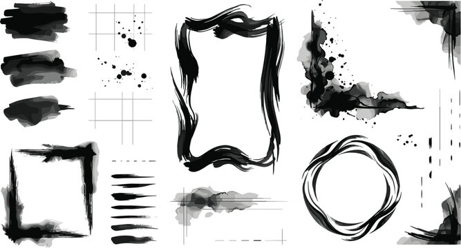 Abstract black ink brush stroke collection featuring artistic frames watercolor borders splatters circles and decorative grunge design elements vector illustration