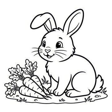 Cute rabbit and carrots outline drawing for coloring