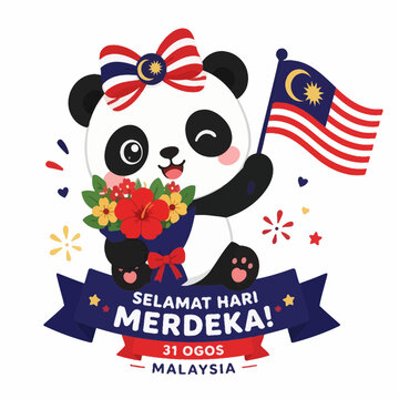 Cute panda character celebrating Malaysia Independence Day with flag bouquet.