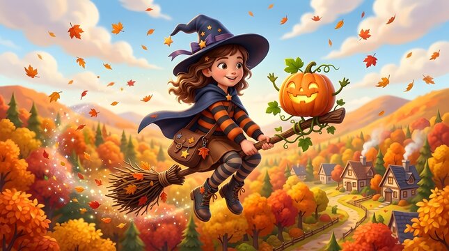 Young witch flying on broomstick with pumpkin in autumn landscape