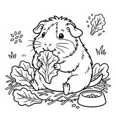 Fototapeta premium Cute guinea pig eating lettuce coloring page