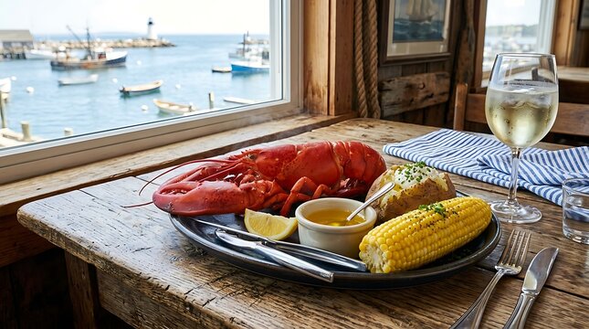 Fresh cooked lobster dinner with corn on the cob served by a harbor window. lobster dinner setup
