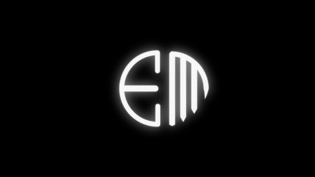 Glowing neon em monogram animation on black background, modern minimalist lettering motion light
