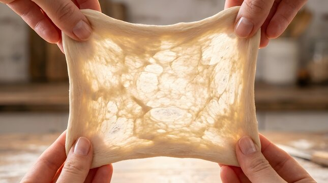 Hands stretching raw yeast bread dough to check gluten development with a windowpane test at kitchen