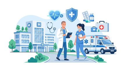 Naklejka premium Healthcare Professionals Discussing Medical Services in Modern Hospital Setting Flat Design