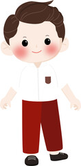Fototapeta premium Happy Indonesian Elementary School Boy Wearing Red and White Uniform with Backpack, Smiling Student Character Illustration Isolated on Transparent Background
