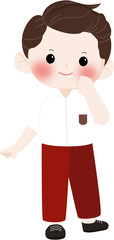 Obraz premium Happy Indonesian Elementary School Boy Wearing Red and White Uniform with Backpack, Smiling Student Character Illustration Isolated on Transparent Background
