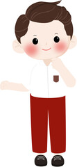 Obraz premium Happy Indonesian Elementary School Boy Wearing Red and White Uniform with Backpack, Smiling Student Character Illustration Isolated on Transparent Background