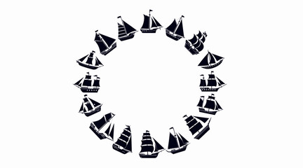 Fototapeta premium Circle of vintage sailing ships on white background