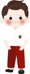Obraz premium Happy Indonesian Elementary School Boy Wearing Red and White Uniform with Backpack, Smiling Student Character Illustration Isolated on Transparent Background