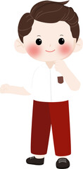 Obraz premium Happy Indonesian Elementary School Boy Wearing Red and White Uniform with Backpack, Smiling Student Character Illustration Isolated on Transparent Background